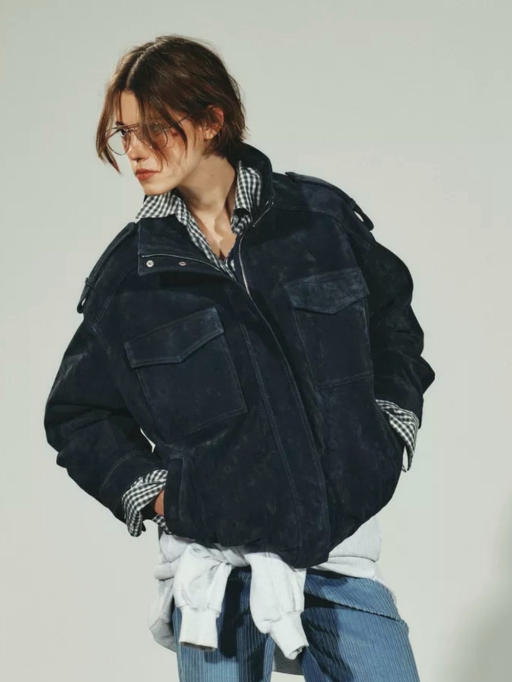 Chic 100% DARK NAVY SUEDE LEATHER POCKET JACKET brand new video included
